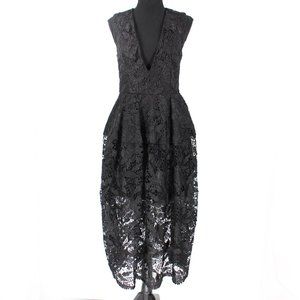 NICHOLAS Black Metallic Elegant Lace Ball Dress V-Neckline Sheer Midi Hemline 4